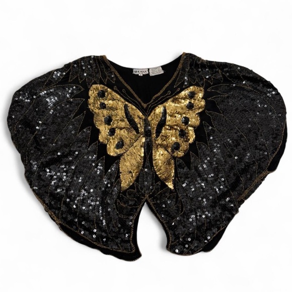 Vintage Tops - Vintage 80’s 100% Silk Shomax Sequin Butterfly Blouse Women’s XL Glam Festival